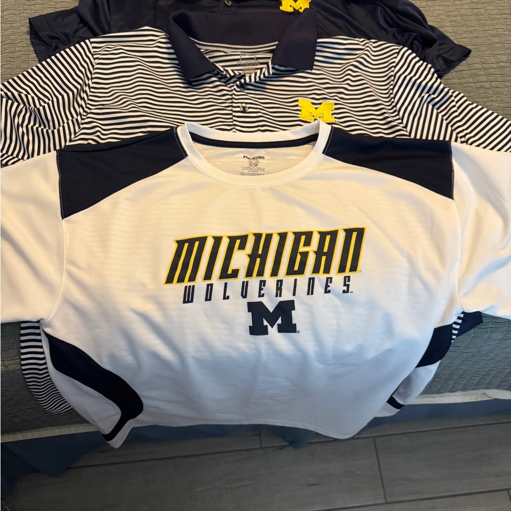 Lot of 3 Pro Edge Michigan Wolverines White and Navy Polos plus T-shirt